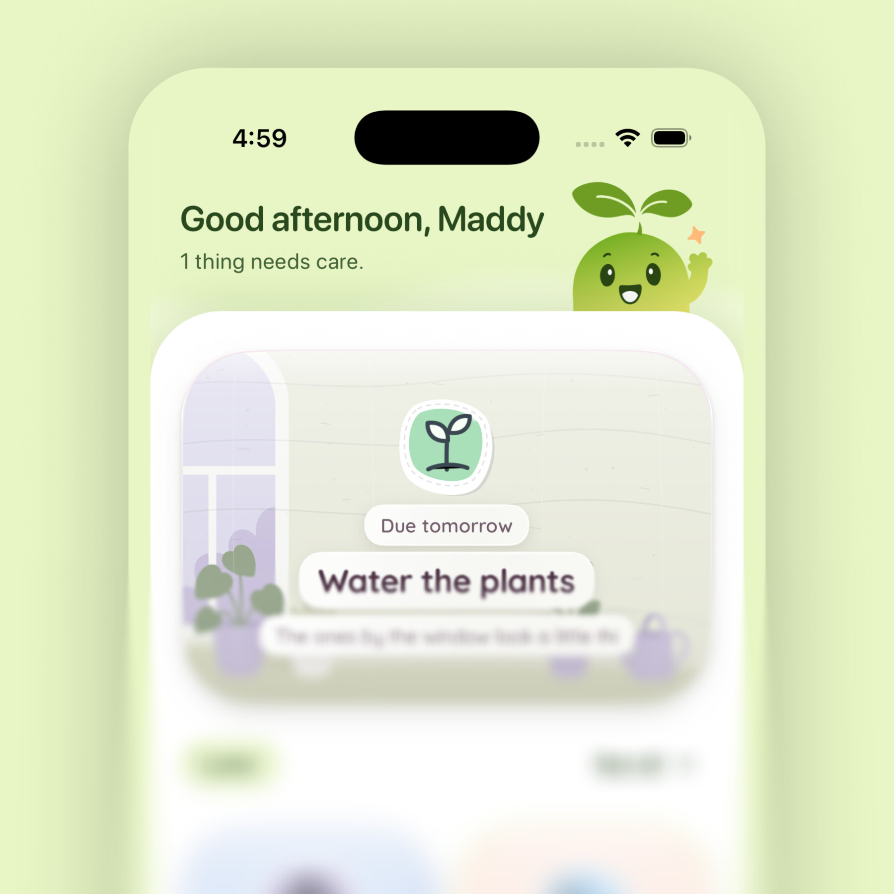 Daytend iPhone routine card showing an activity that needs care with the friendly Daytend character.