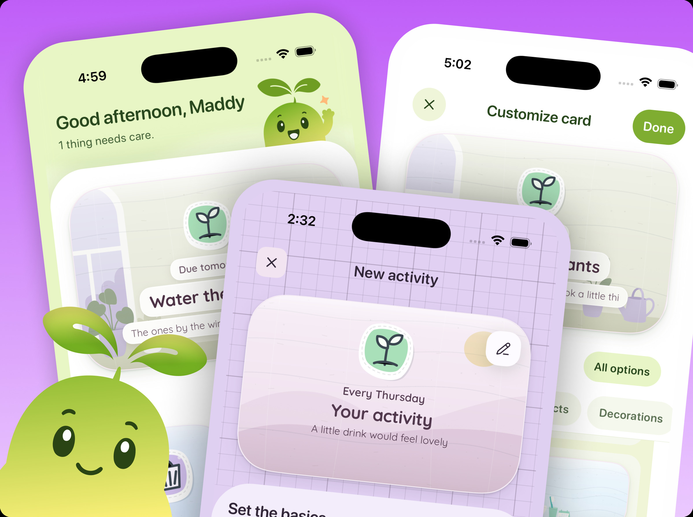 Daytend iPhone screens showing flexible routines, activity-card customization, and the friendly Daytend character.