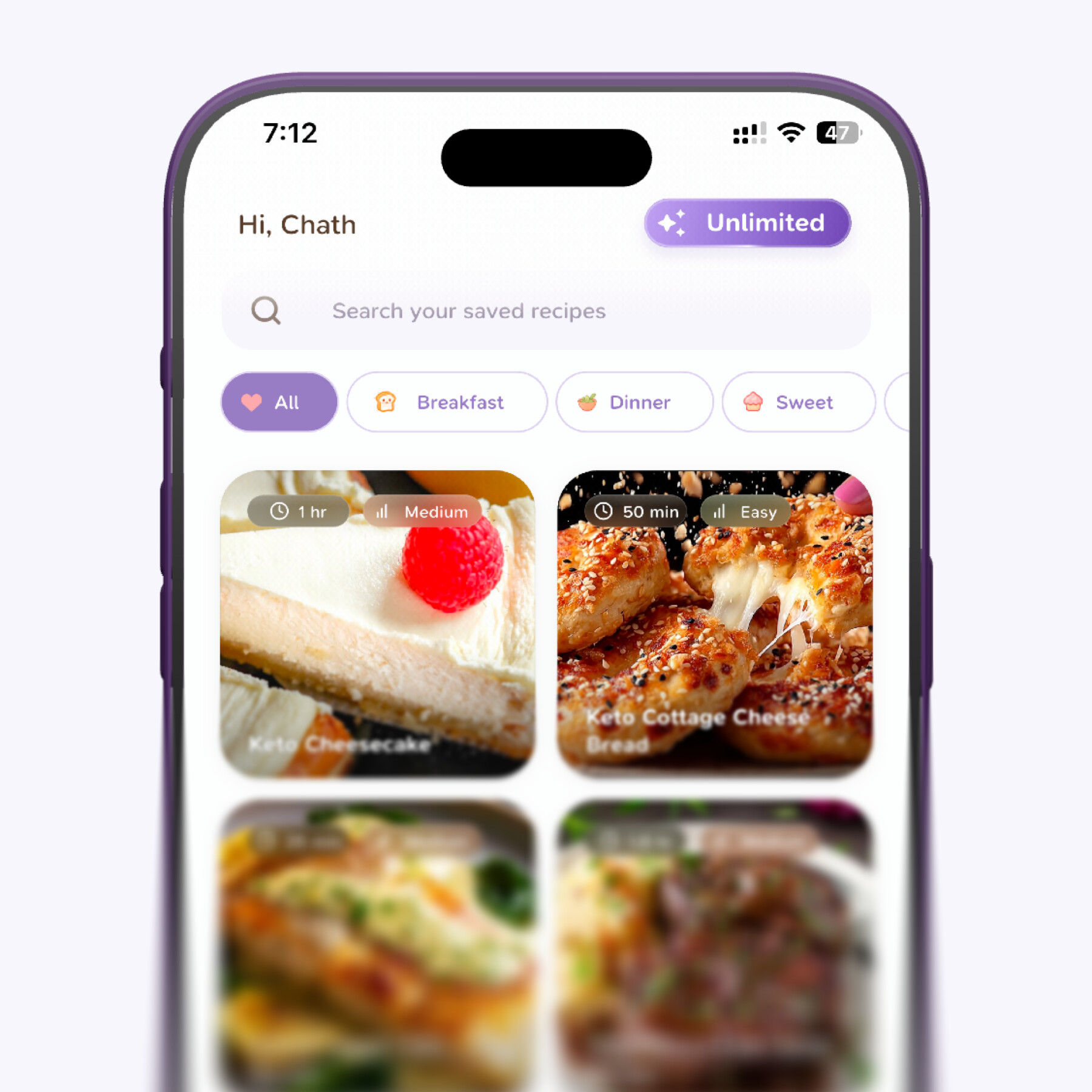 TinyRecipia iPhone screen showing saved recipes, search, and meal categories.