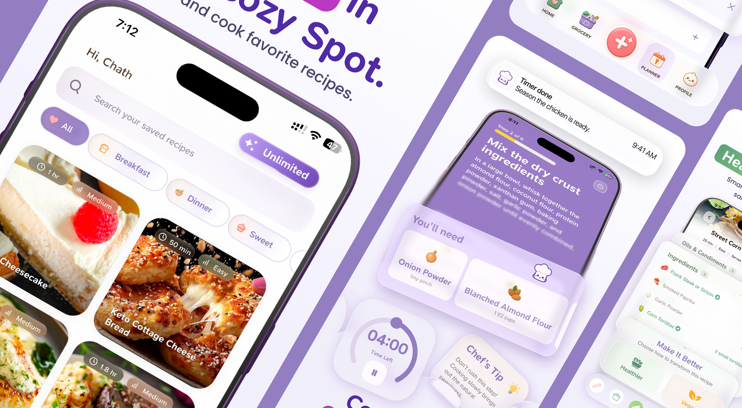 TinyRecipia mobile recipe discovery, cooking timer, meal-planning, and pantry interfaces.