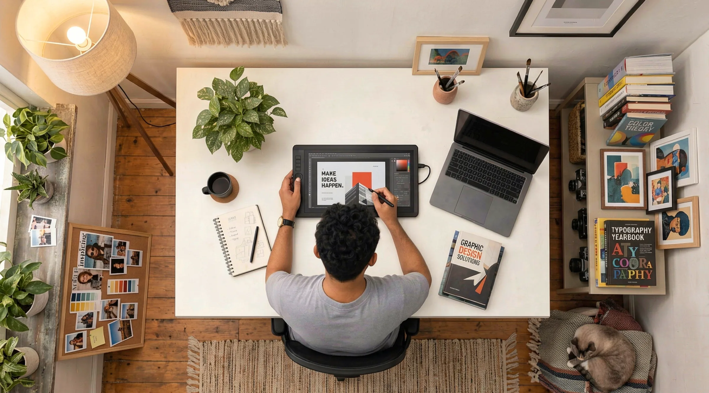 Overhead view of Chath working at a creative desk